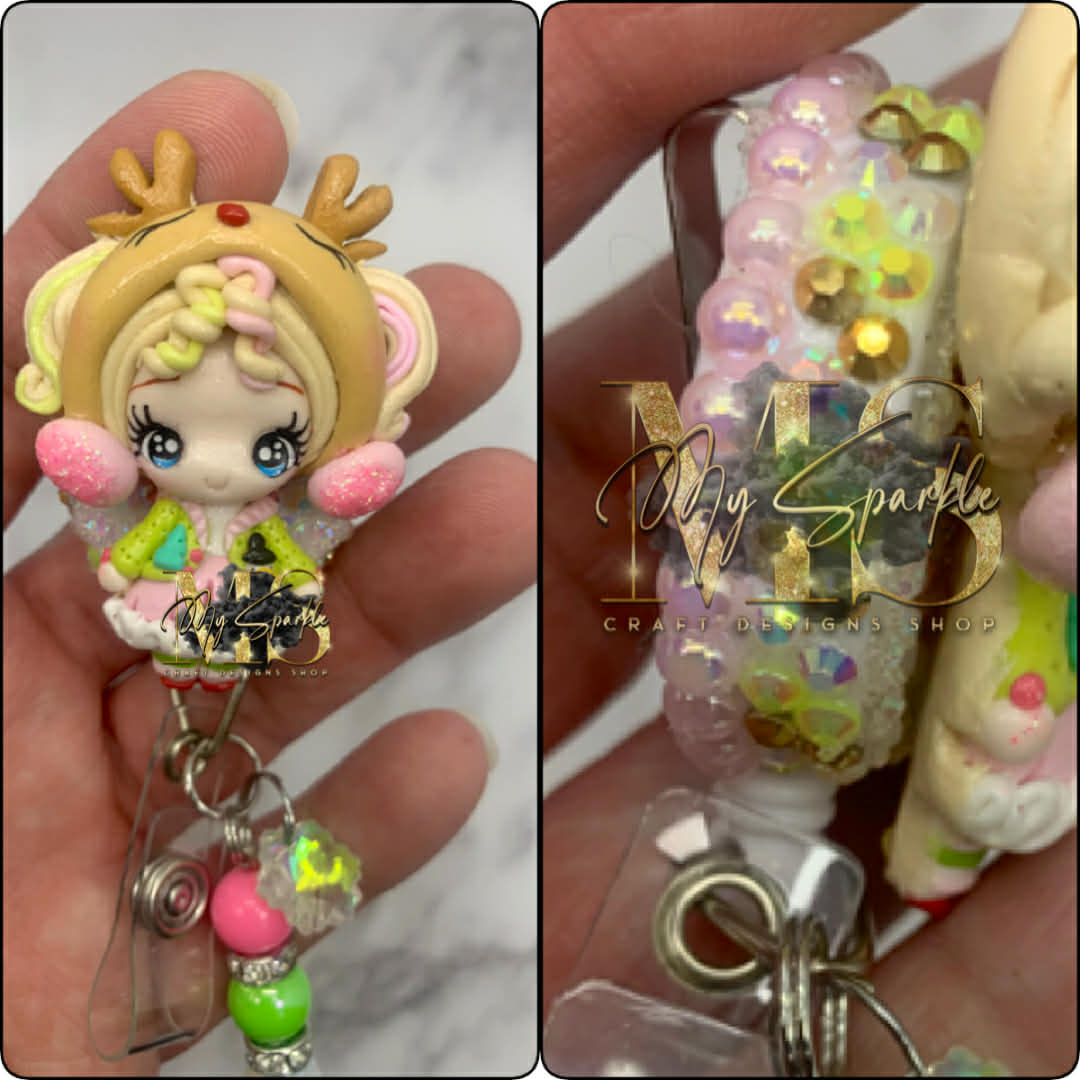 Christmas Reindeer Girl Clay Badge Reel