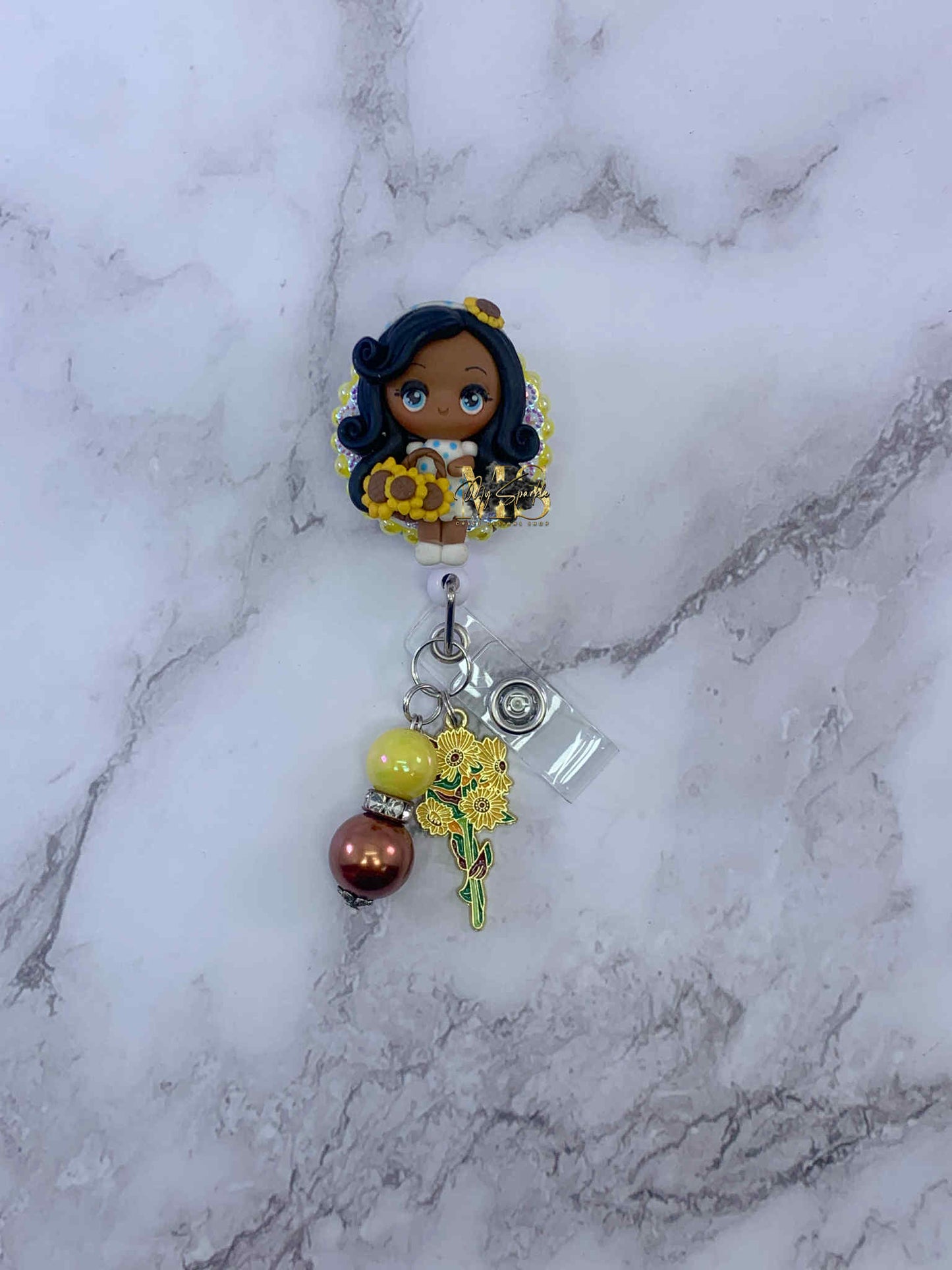 Daisy Girl Flower Clay Badge Reel