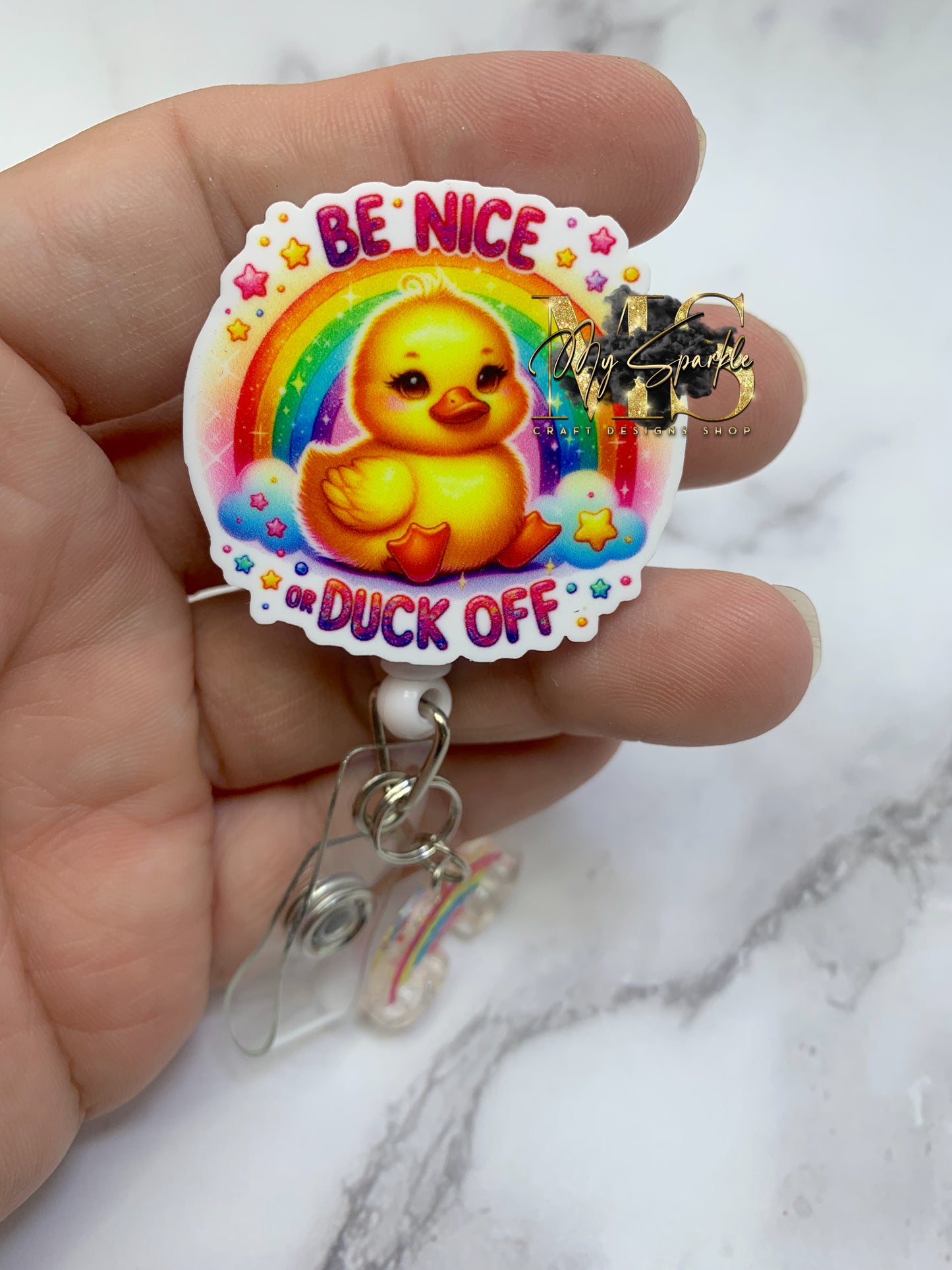Funny Be Nice Duck Off Badge Reel