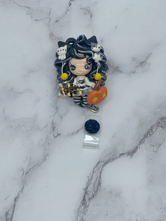 Halloween Spooky Girl With Cats Clay Badge Reel