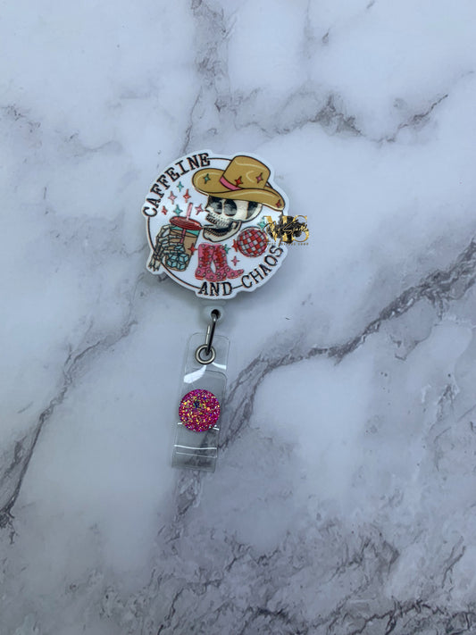 Funny Skeleton Caffeine And Chaos Badge Reel