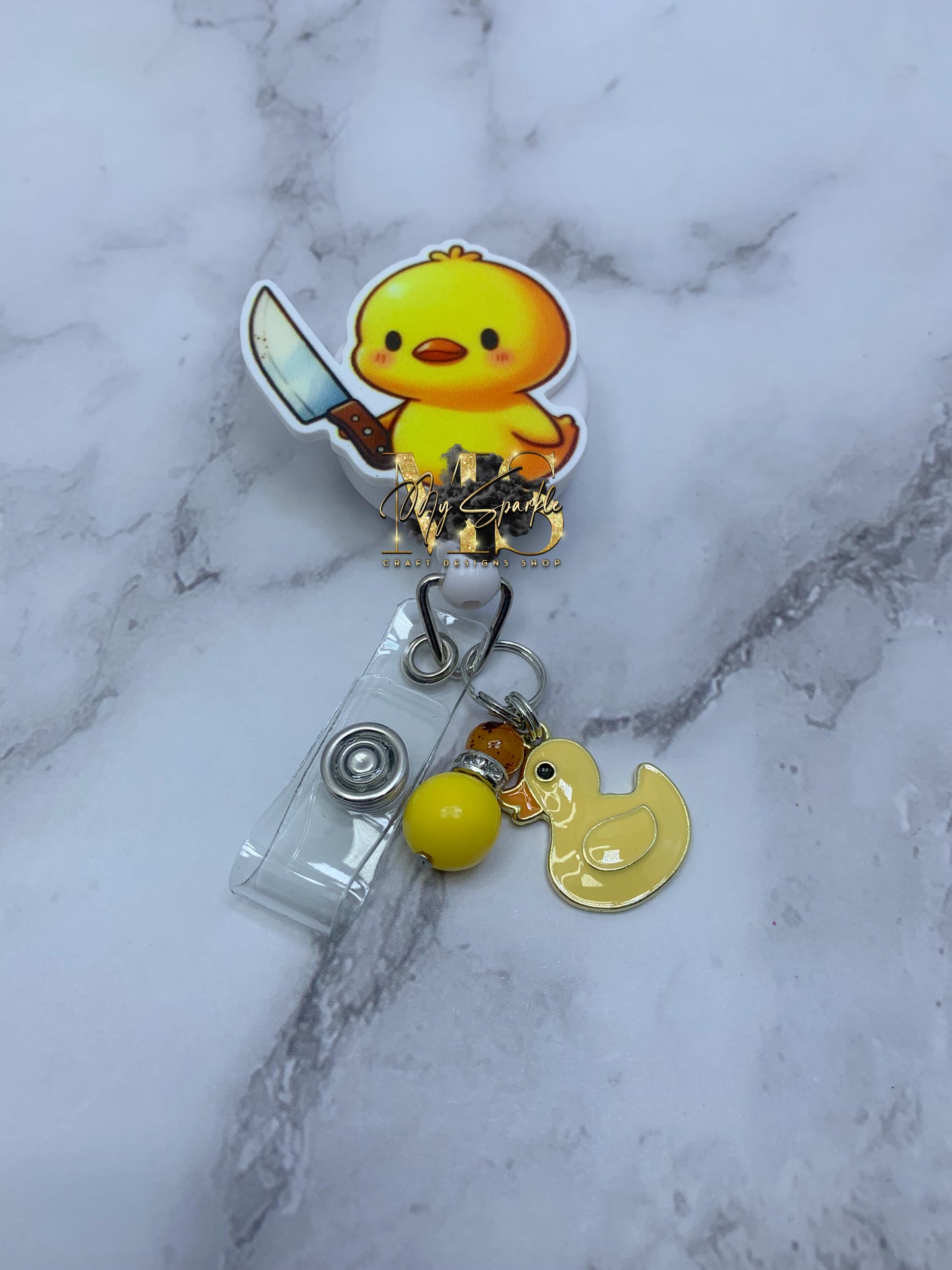 Funny Chick With Knife Badge Reel