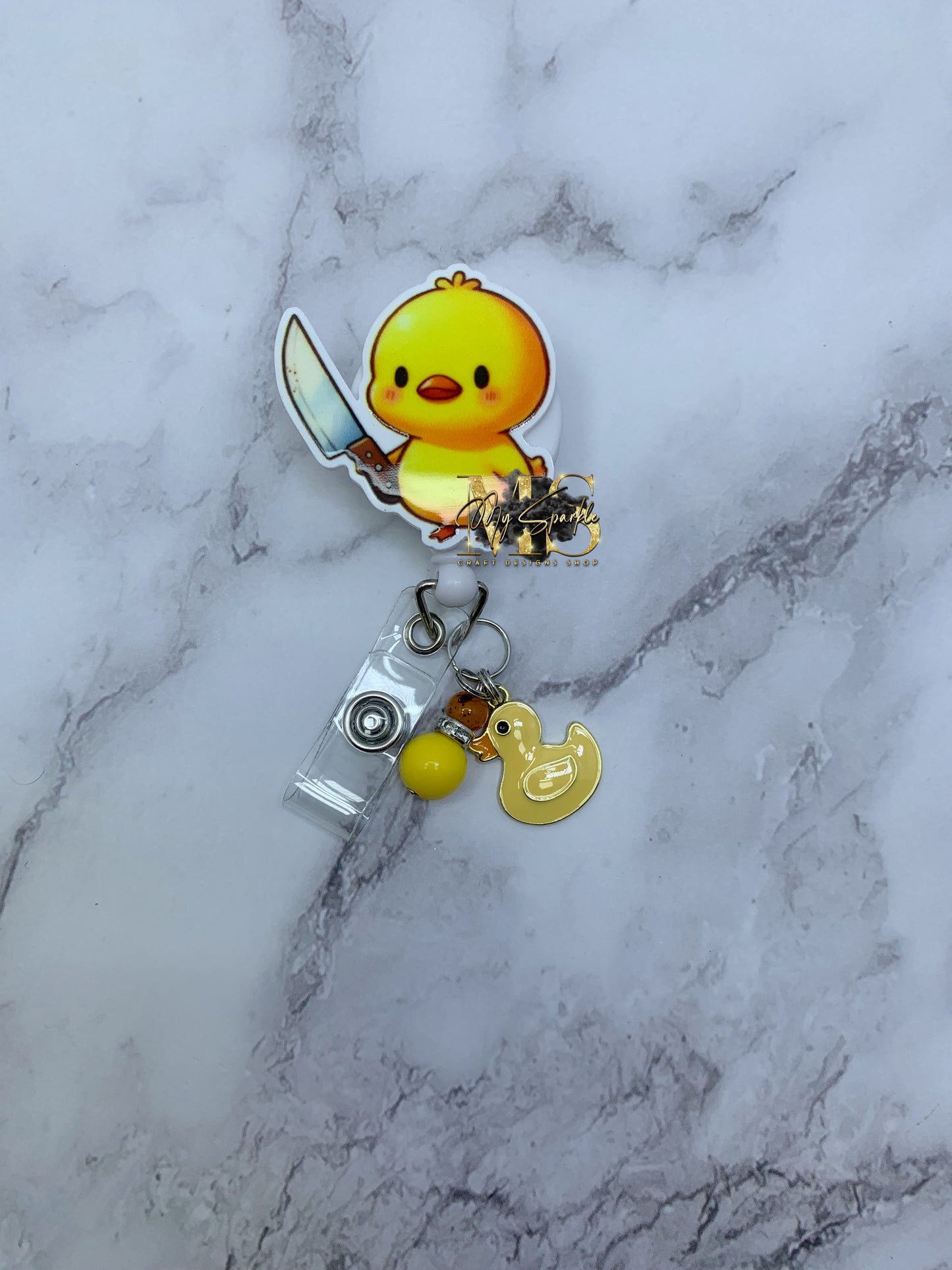 Funny Chick With Knife Badge Reel