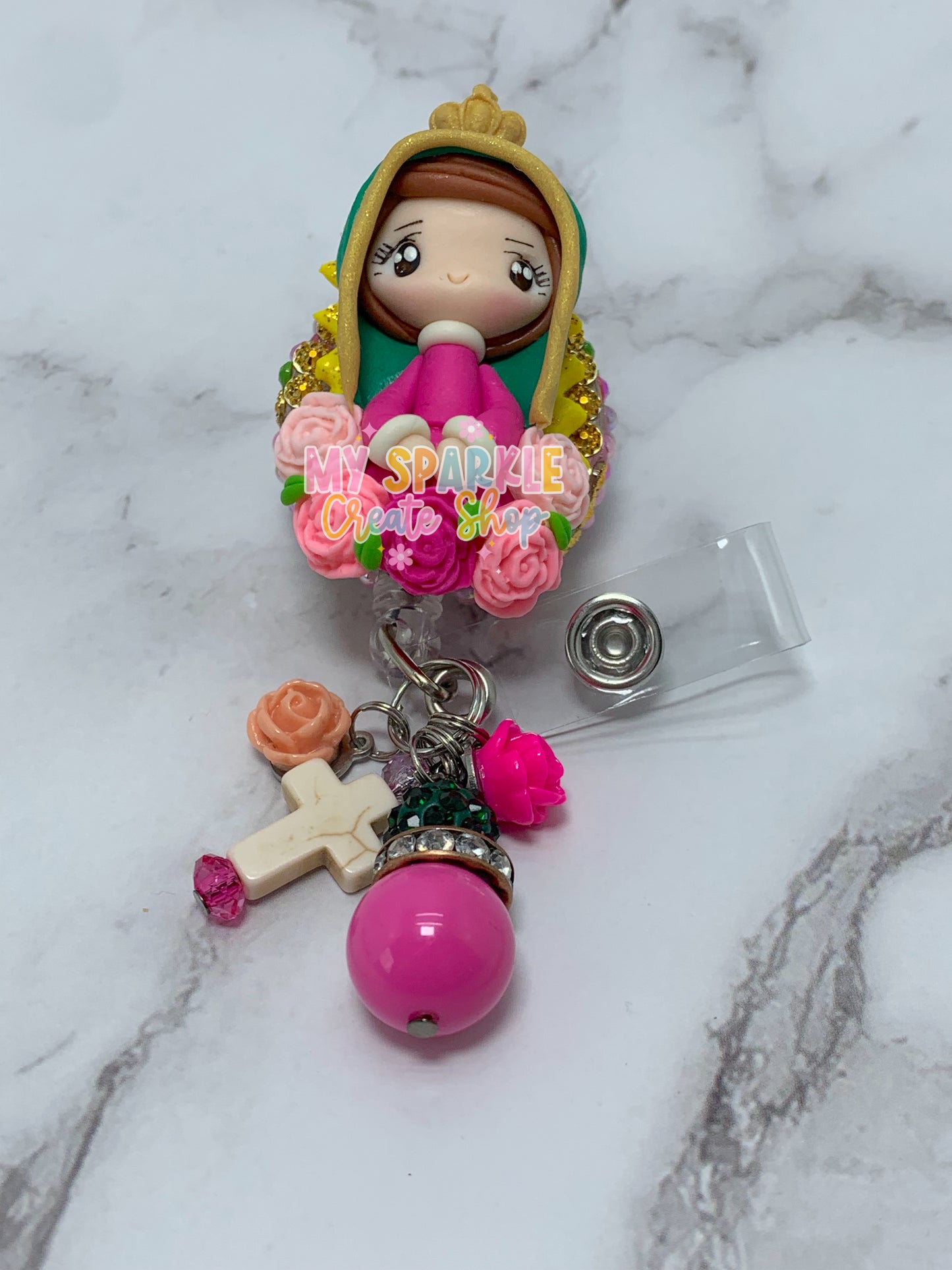Catholic Virgen Clay Badge Reel