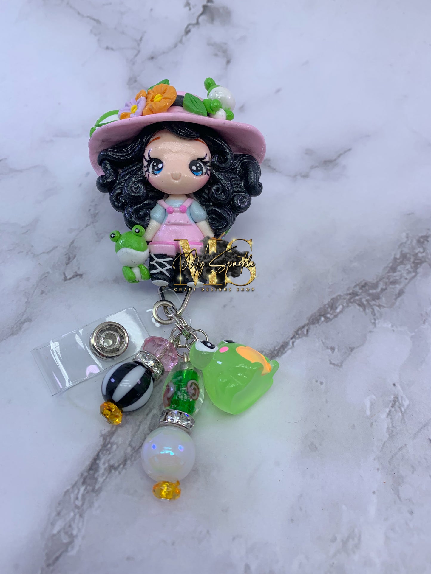 Cute Girl With Frogs Clay Badge Reel