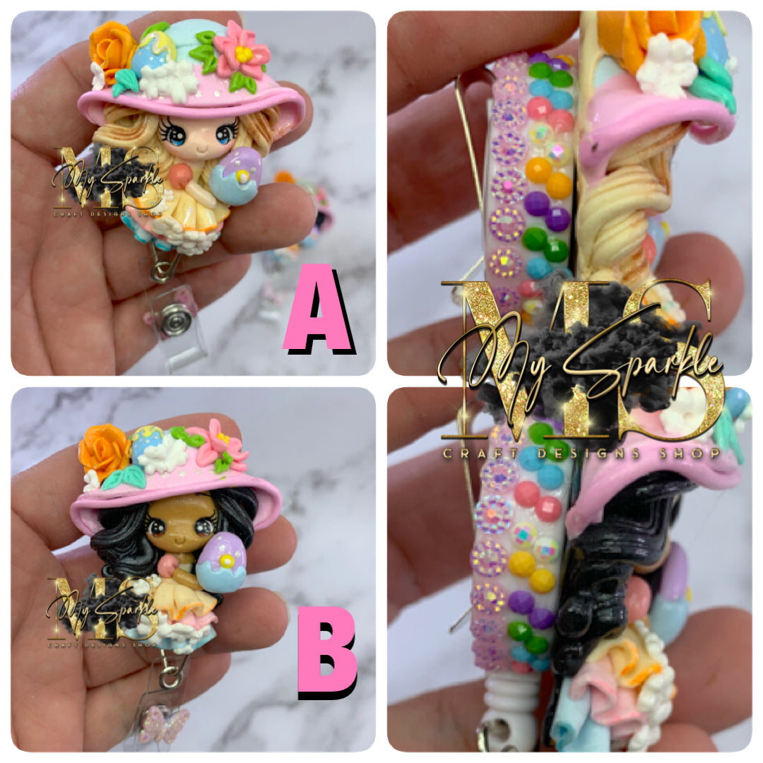 Easter Girl With Egg Clay Badge Reel