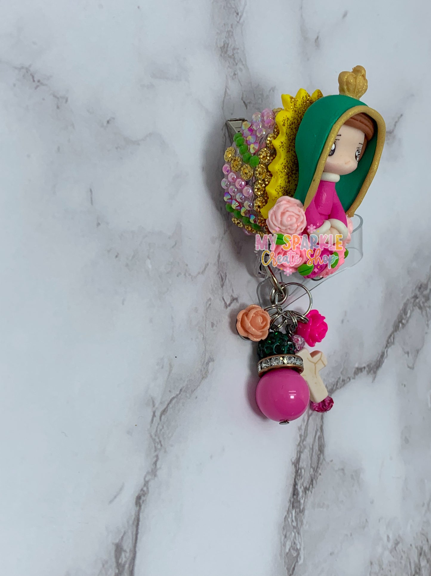 Catholic Virgen Clay Badge Reel