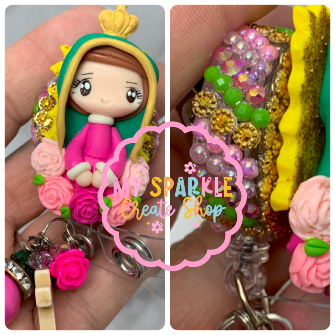 Catholic Virgen Clay Badge Reel