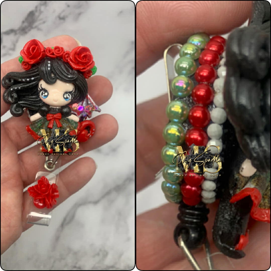 Girl Bat Wings Gothic Victorian Clay Badge Reel