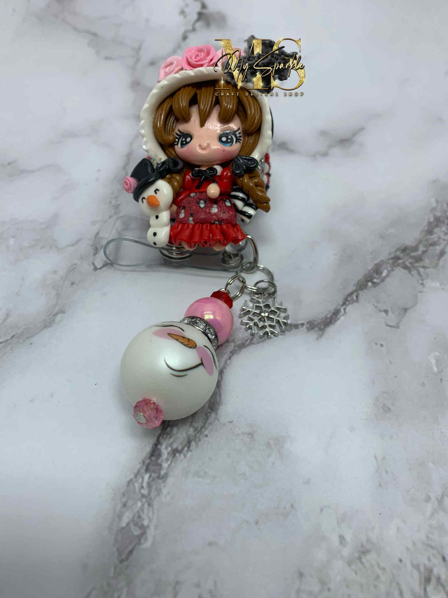 Victorian Girl Snowman Clay Badge Reel