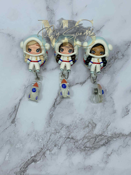 Astronaut Girl Clay Badge Reel